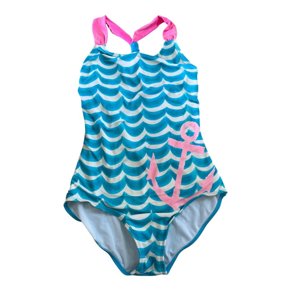 Girls L 10-12 Xhilaration One Piece Teal Blue White Pink Anchor Sailor Swimsuit